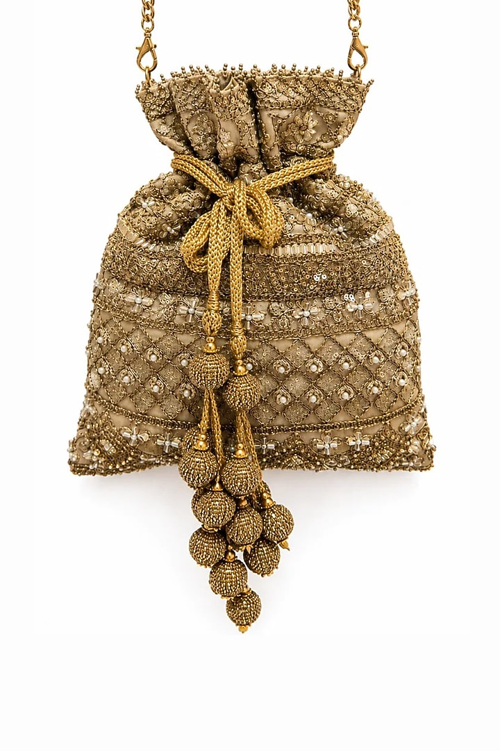 Antique Gold Raw Silk Sequin Embellished Potli Bag by SG BY SONIA GULRAJANI at Pernia's Pop Up Shop