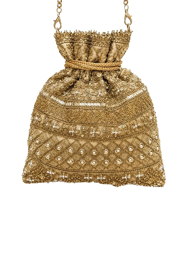 Antique Gold Raw Silk Sequin Embellished Potli Bag by SG BY SONIA GULRAJANI at Pernia's Pop Up Shop