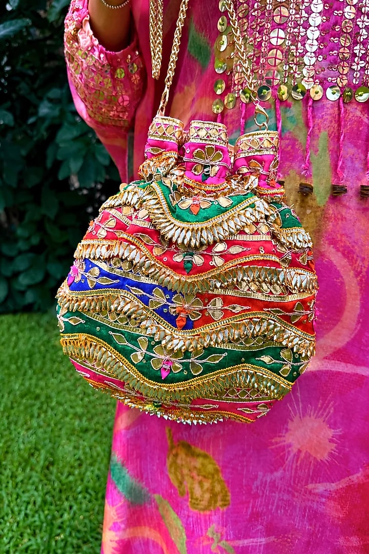 Multi-Colored Raw Silk Gota Embellished Potli Bag by SG BY SONIA GULRAJANI at Pernia's Pop Up Shop