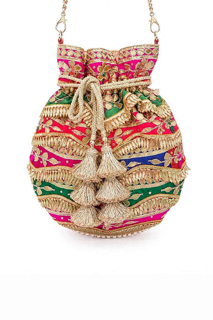 Multi-Colored Raw Silk Gota Embellished Potli Bag by SG BY SONIA GULRAJANI at Pernia's Pop Up Shop