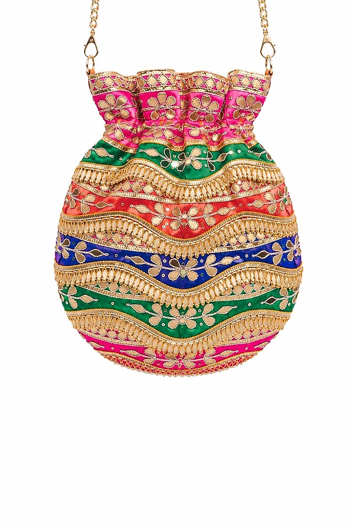 Multi-Colored Raw Silk Gota Embellished Potli Bag by SG BY SONIA GULRAJANI at Pernia's Pop Up Shop