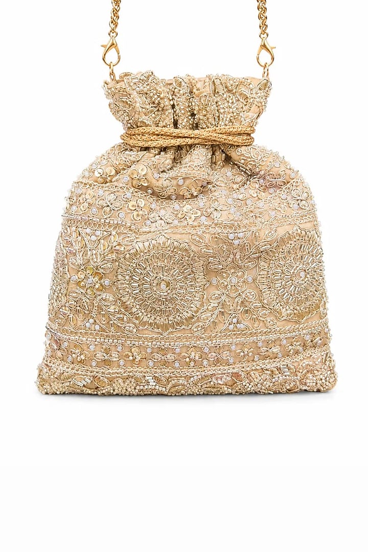 Rose Gold Raw Silk Mirror Embellished Potli Bag by SG BY SONIA GULRAJANI at Pernia's Pop Up Shop