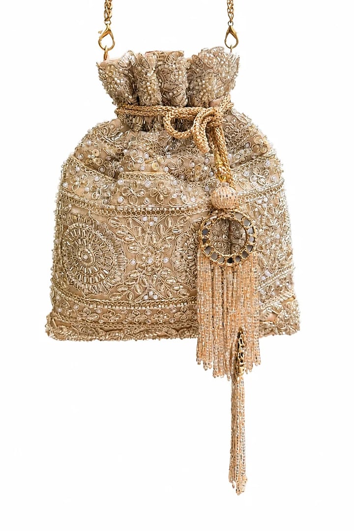Rose Gold Raw Silk Mirror Embellished Potli Bag by SG BY SONIA GULRAJANI at Pernia's Pop Up Shop