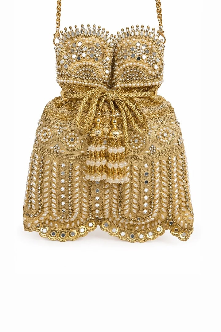 Gold Raw Silk Pearl Embellished Potli Bag by SG BY SONIA GULRAJANI at Pernia's Pop Up Shop