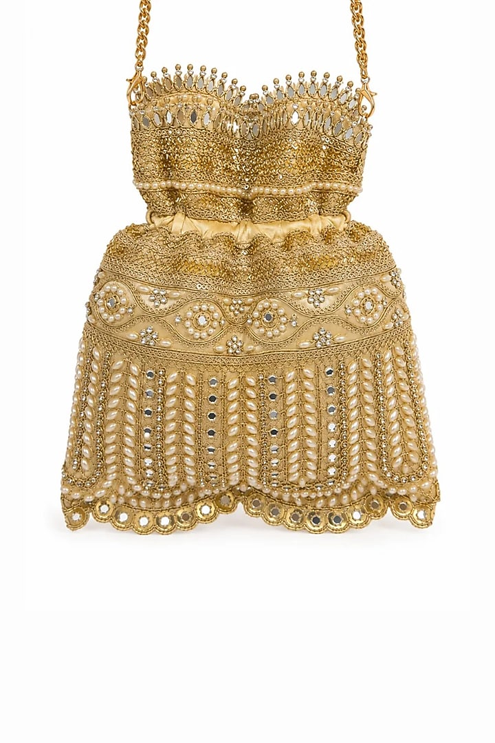 Gold Raw Silk Pearl Embellished Potli Bag by SG BY SONIA GULRAJANI at Pernia's Pop Up Shop