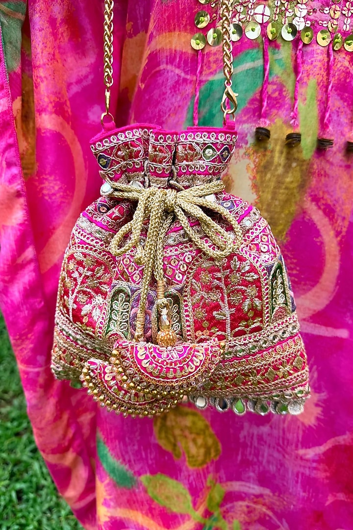 Pink Raw Silk Sequin & Zari Embellished Potli Bag by SG BY SONIA GULRAJANI at Pernia's Pop Up Shop