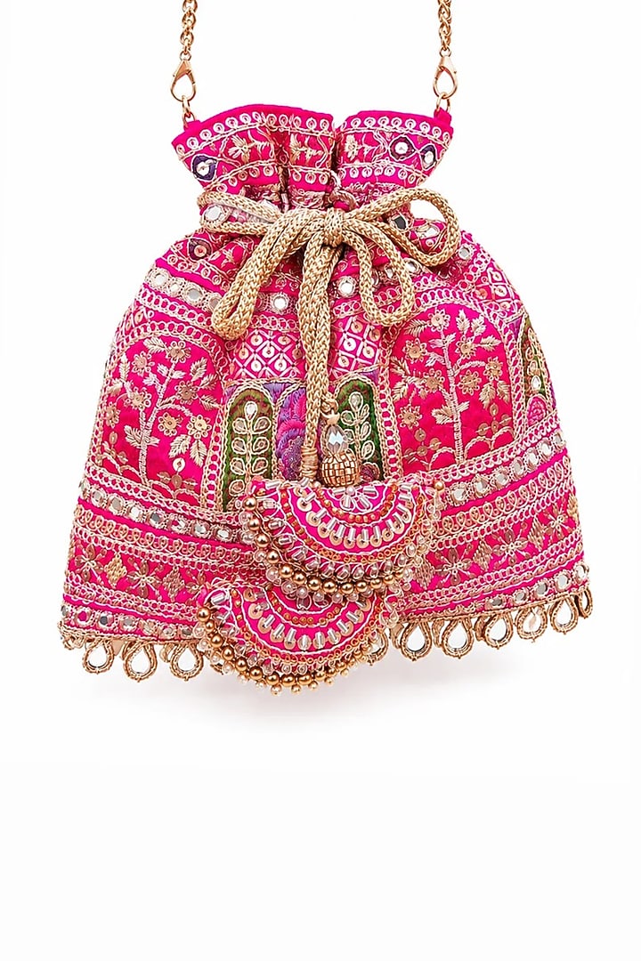 Pink Raw Silk Sequin & Zari Embellished Potli Bag by SG BY SONIA GULRAJANI at Pernia's Pop Up Shop