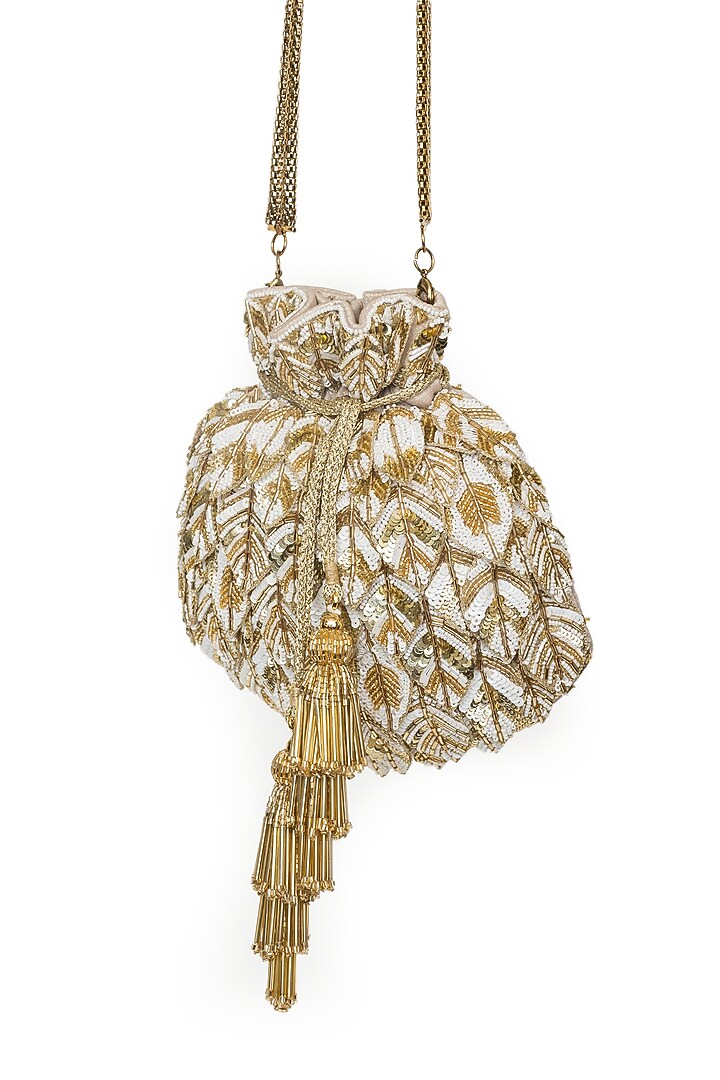 Gold Crepe Sequins Embroidered Potli by SG BY SONIA GULRAJANI at Pernia's Pop Up Shop