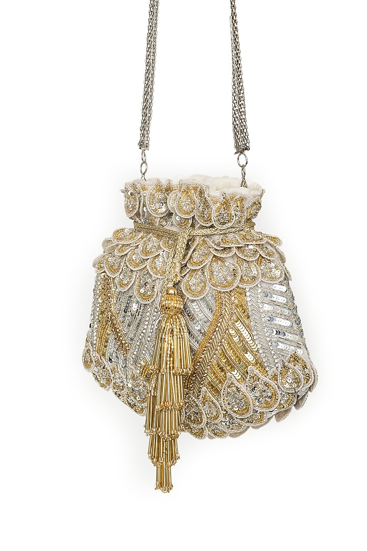 Gold & Silver Velvet Sequins Embroidered Potli by SG BY SONIA GULRAJANI at Pernia's Pop Up Shop