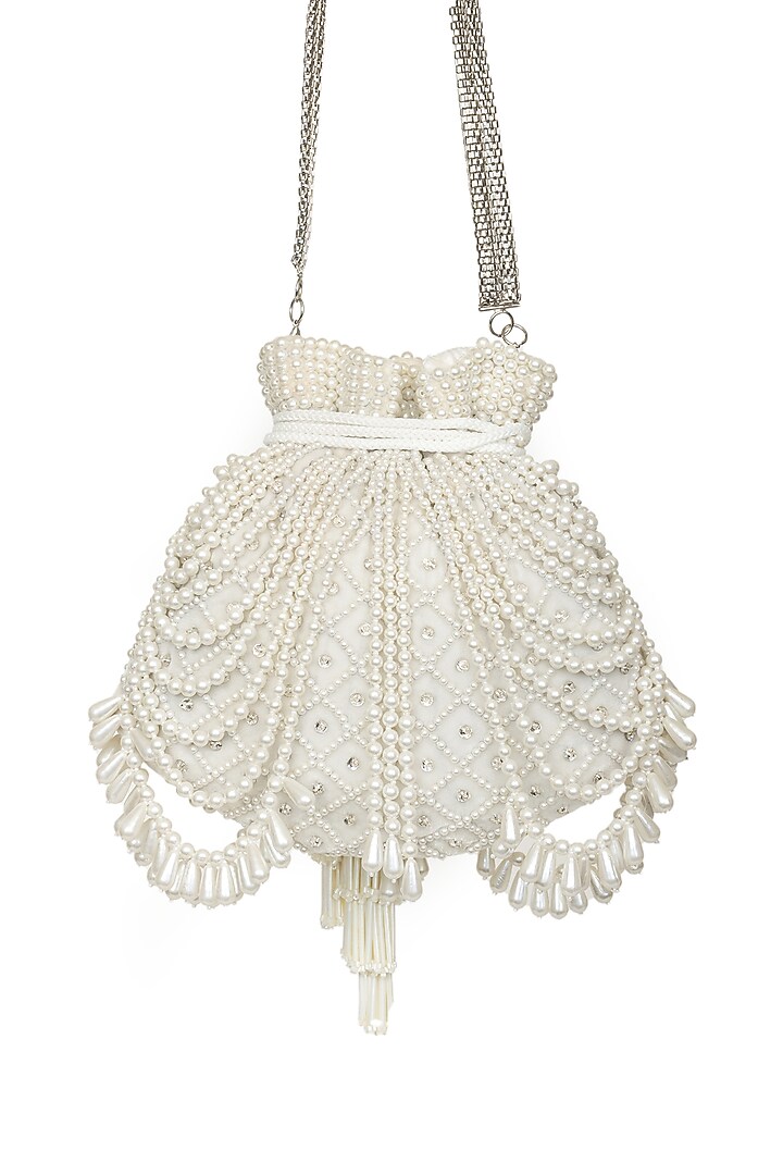 Ivory Velvet Pearl Embroidered Potli by SG BY SONIA GULRAJANI at Pernia's Pop Up Shop