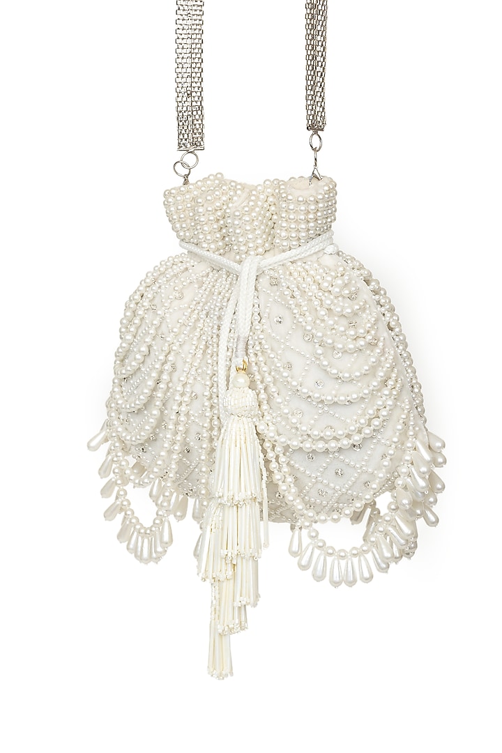 Ivory Velvet Pearl Embroidered Potli by SG BY SONIA GULRAJANI at Pernia's Pop Up Shop