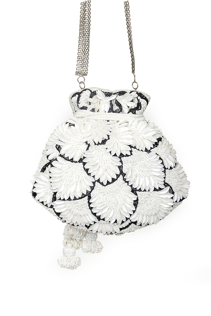 Black & White Velvet Sequins Embroidered Potli by SG BY SONIA GULRAJANI at Pernia's Pop Up Shop