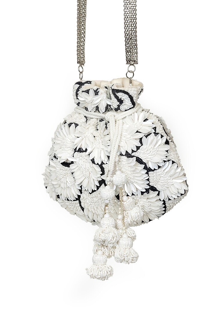 Black & White Velvet Sequins Embroidered Potli by SG BY SONIA GULRAJANI at Pernia's Pop Up Shop