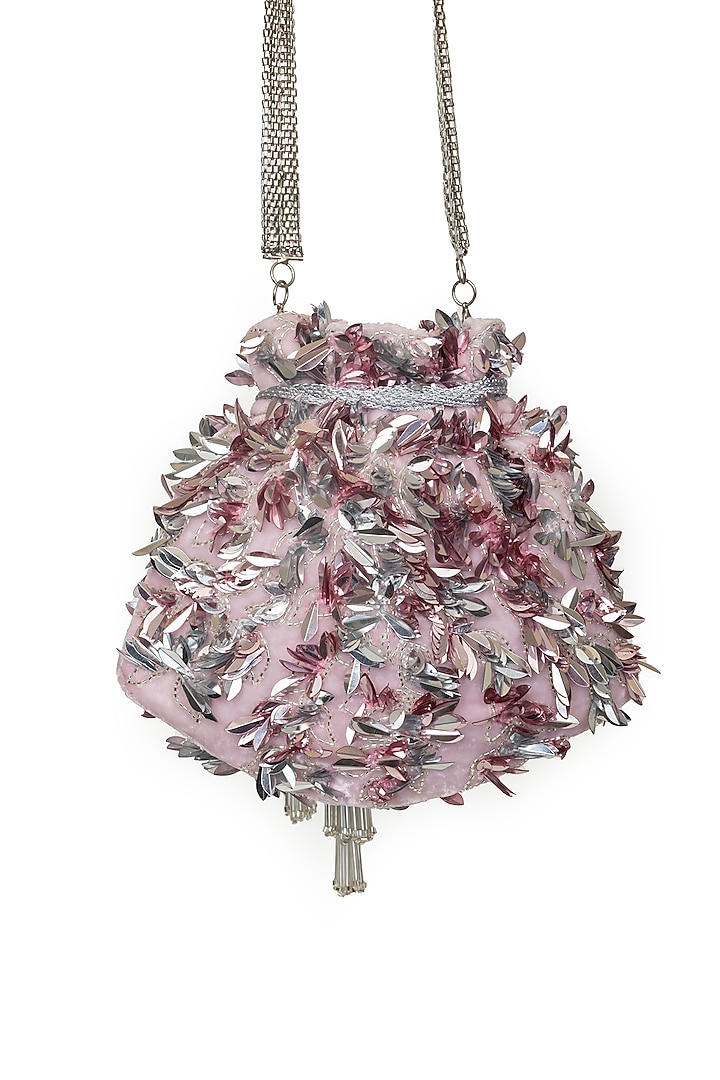 Pink Velvet Sequins Embroidered Potli by SG BY SONIA GULRAJANI at Pernia's Pop Up Shop