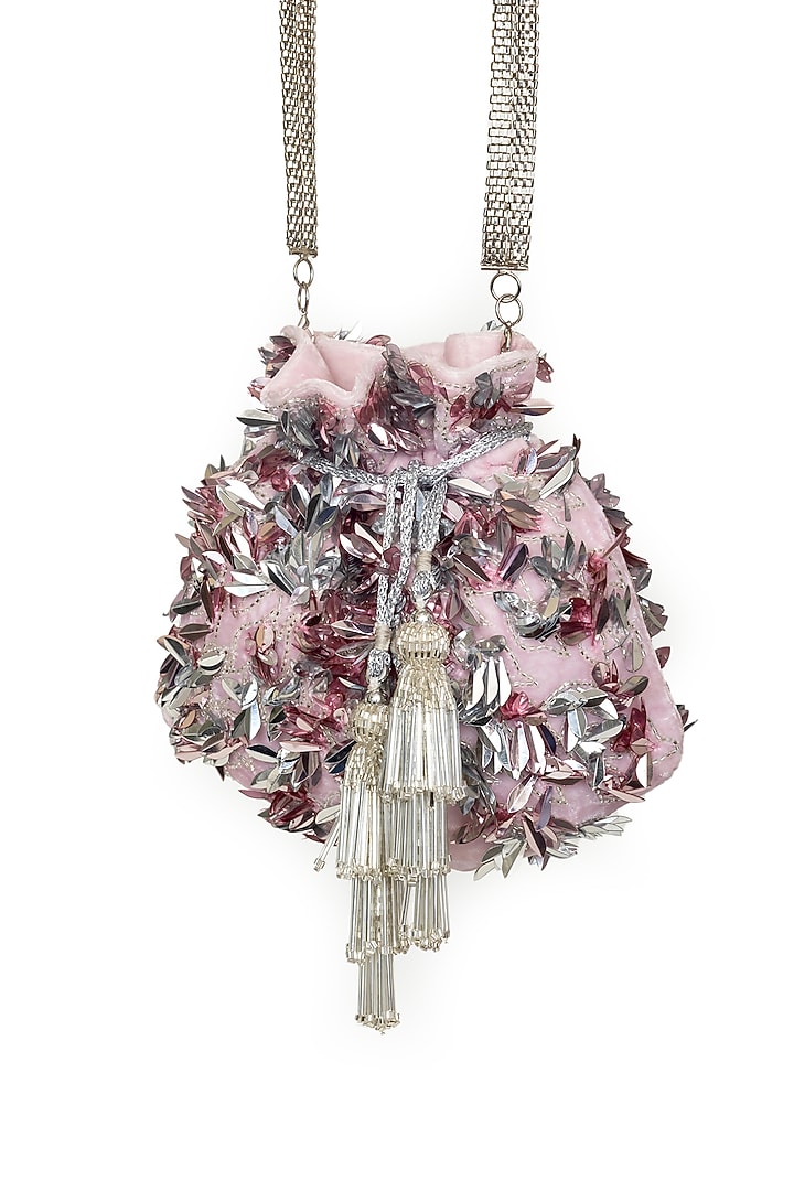 Pink Velvet Sequins Embroidered Potli by SG BY SONIA GULRAJANI at Pernia's Pop Up Shop