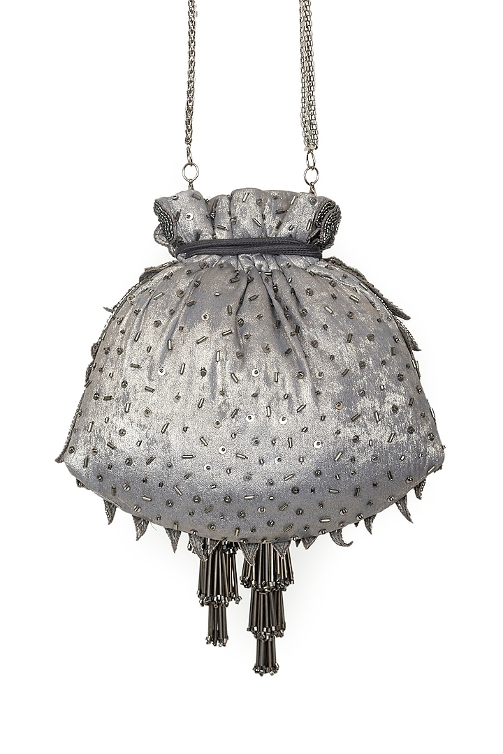 Gunmetal Grey Crepe Sequins Embroidered Potli by SG BY SONIA GULRAJANI at Pernia's Pop Up Shop