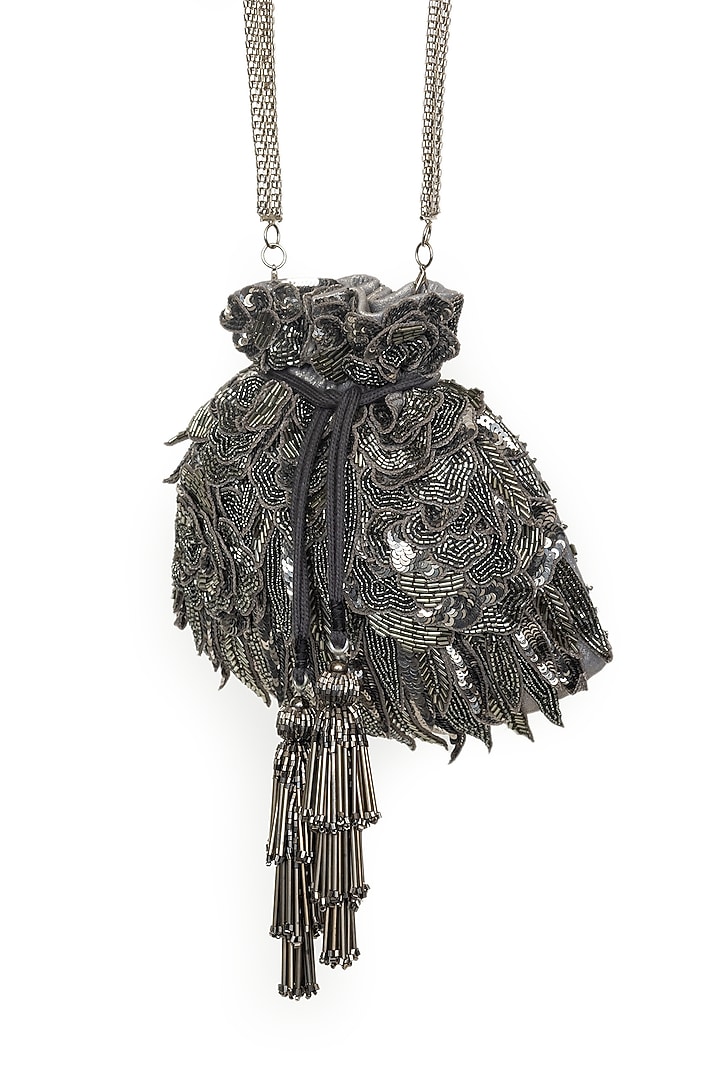 Gunmetal Grey Crepe Sequins Embroidered Potli by SG BY SONIA GULRAJANI at Pernia's Pop Up Shop