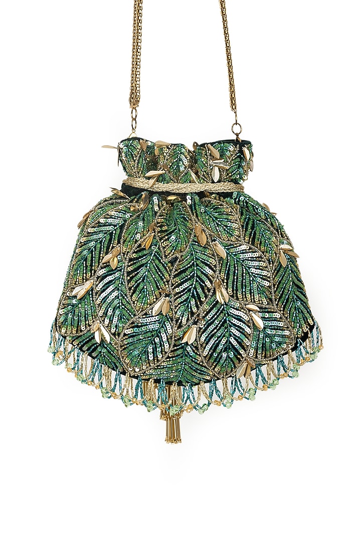 Green Velvet Sequins Embroidered Potli by SG BY SONIA GULRAJANI at Pernia's Pop Up Shop