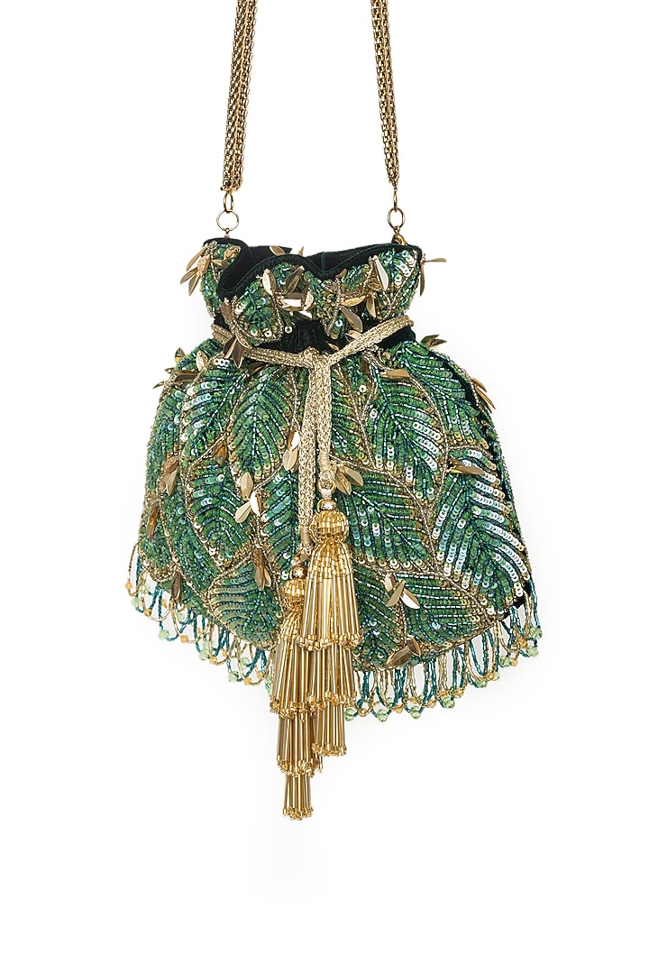 Green Velvet Sequins Embroidered Potli by SG BY SONIA GULRAJANI at Pernia's Pop Up Shop