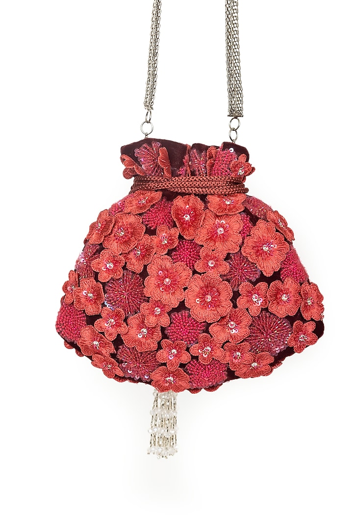 Red Velvet Sequins Embroidered Potli by SG BY SONIA GULRAJANI at Pernia's Pop Up Shop