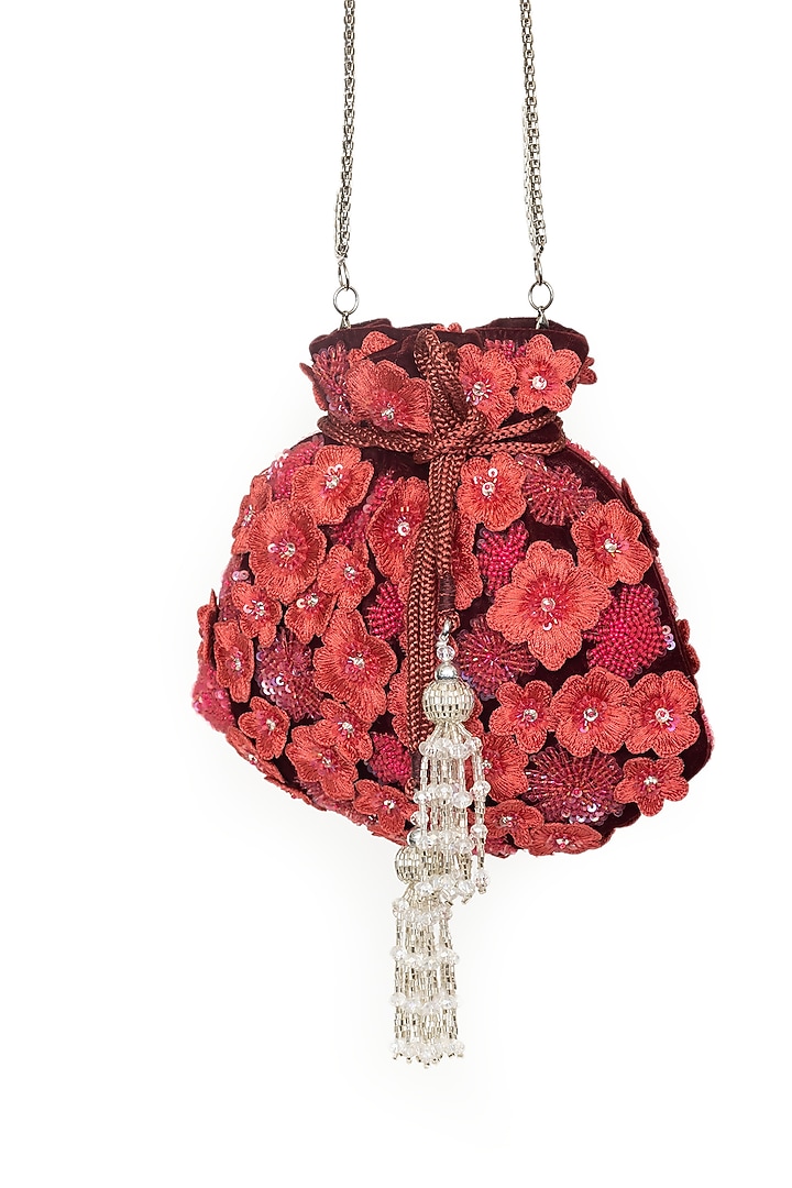 Red Velvet Sequins Embroidered Potli by SG BY SONIA GULRAJANI at Pernia's Pop Up Shop