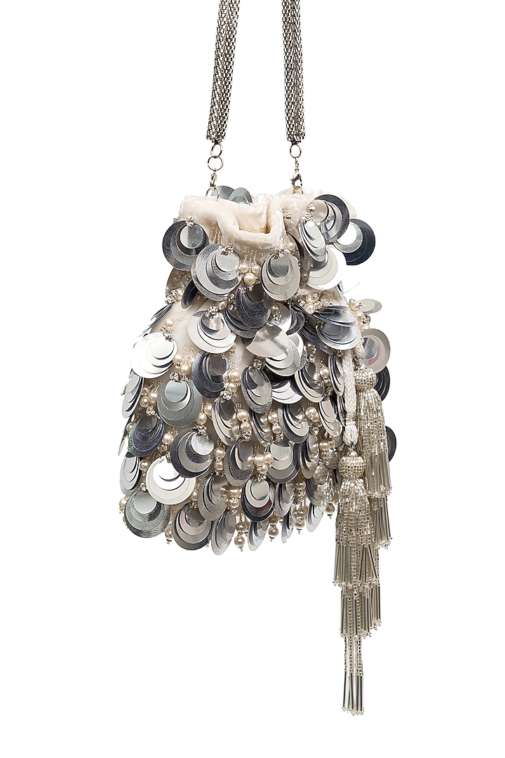 Silver Sequin Embellished Potli by SG BY SONIA GULRAJANI at Pernia's Pop Up Shop