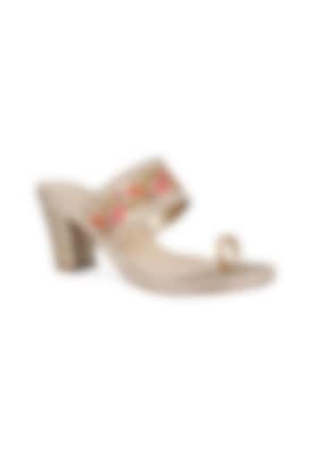 Beige Floral Embroidered Block Heels by Signature Sole