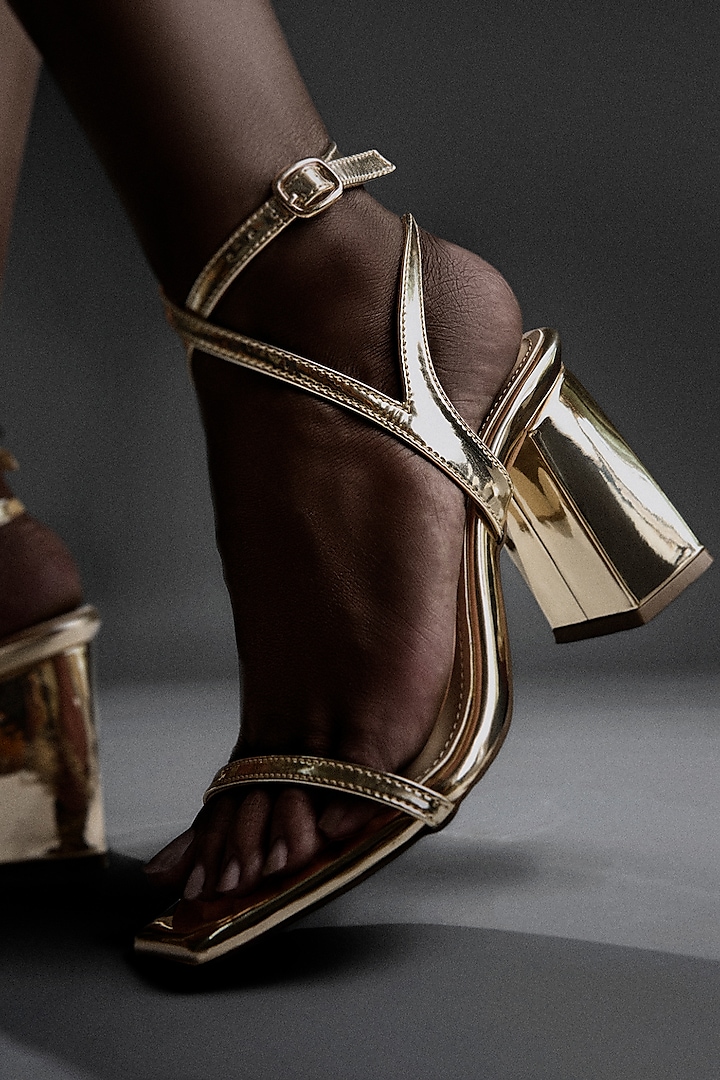 Golden Metallic Vegan Leather Block Heels by Signature Sole at Pernia's Pop Up Shop