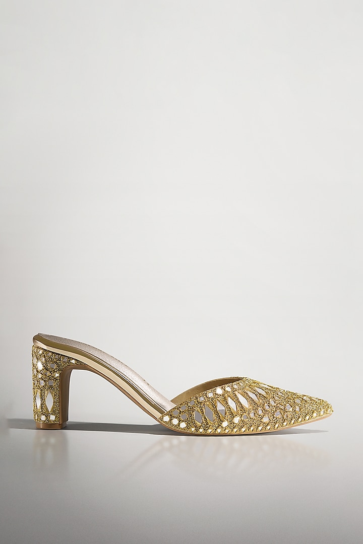 Gold Vegan Leather Mirror Work Heels by Signature Sole at Pernia's Pop Up Shop