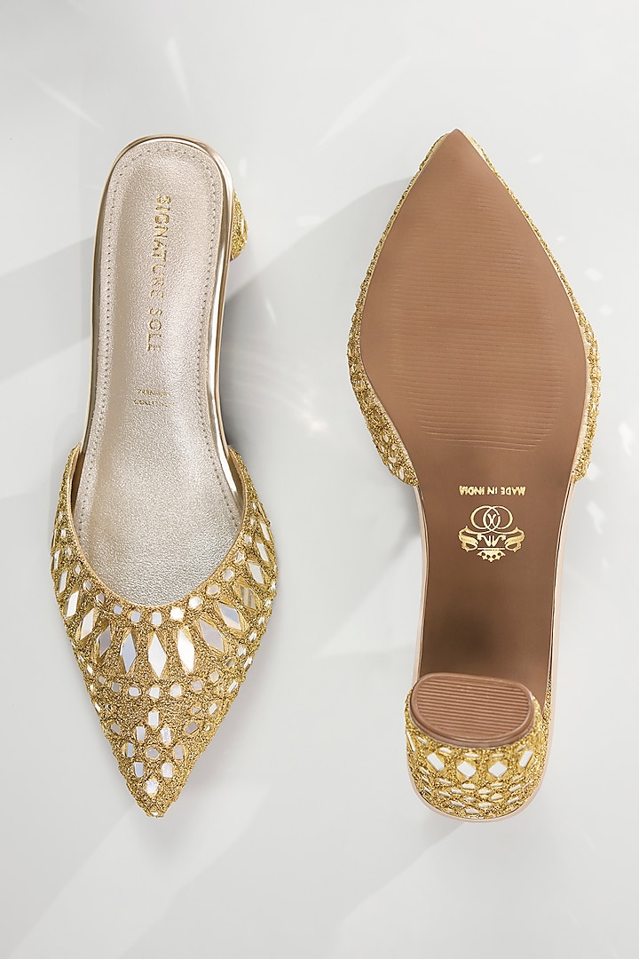 Gold Vegan Leather Mirror Work Heels by Signature Sole at Pernia's Pop Up Shop