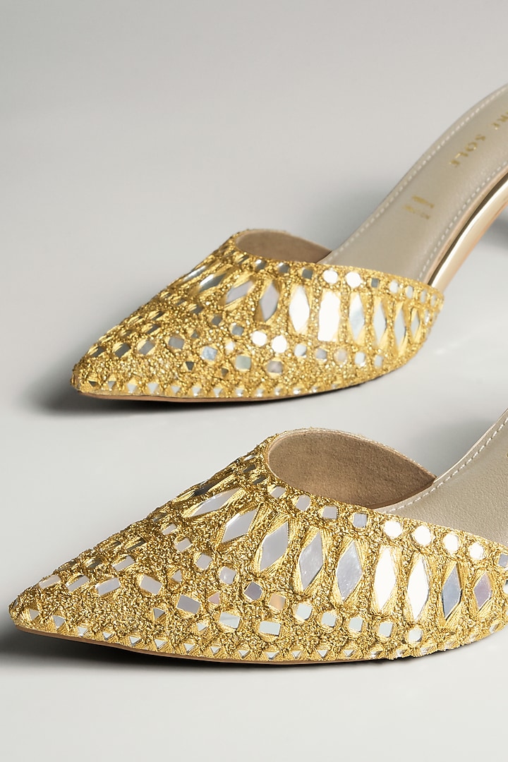 Gold Vegan Leather Mirror Work Heels by Signature Sole at Pernia's Pop Up Shop