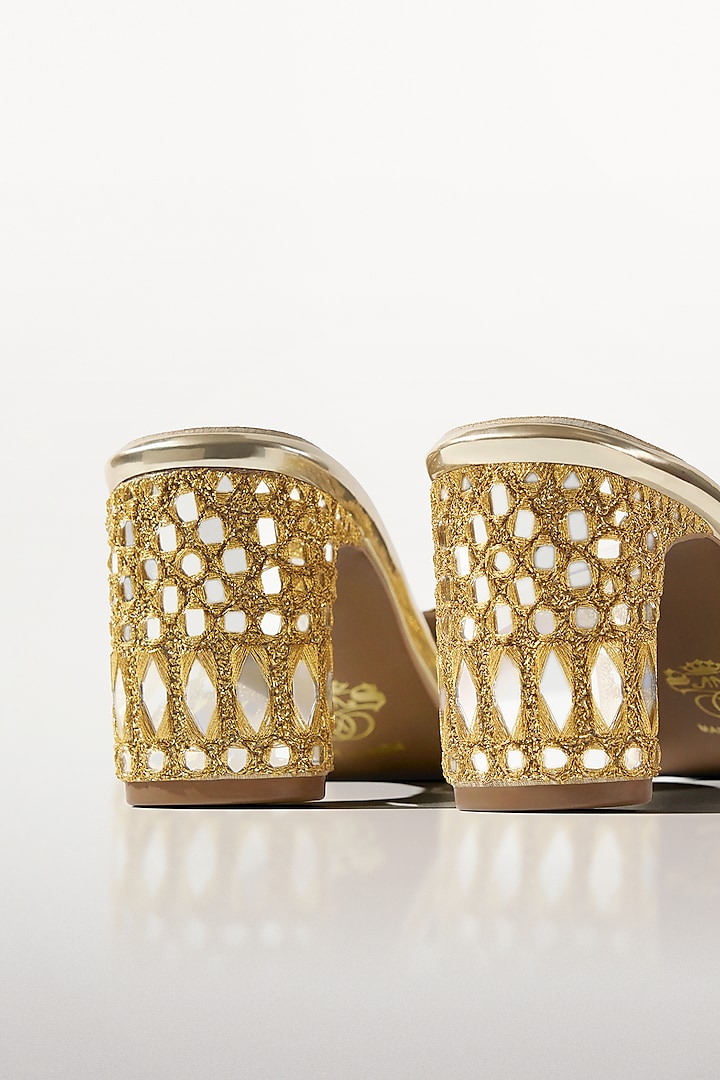 Gold Vegan Leather Mirror Work Heels by Signature Sole at Pernia's Pop Up Shop