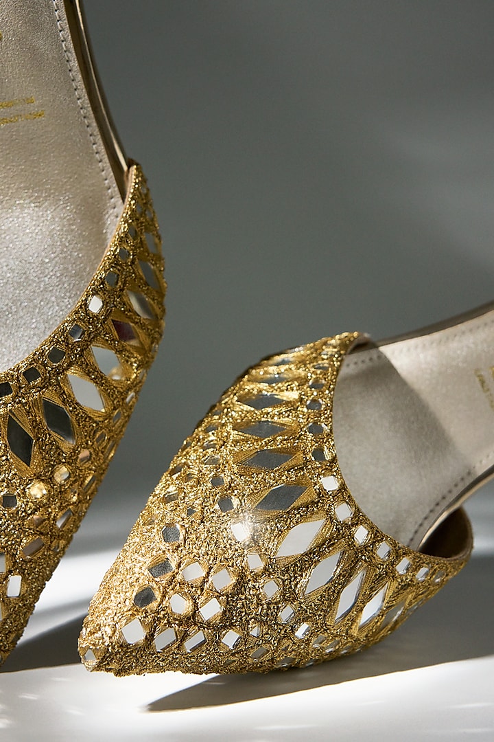 Gold Vegan Leather Mirror Work Heels by Signature Sole at Pernia's Pop Up Shop