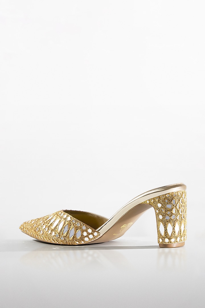 Gold Vegan Leather Mirror Work Heels by Signature Sole at Pernia's Pop Up Shop