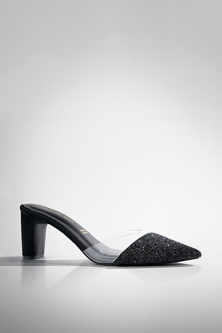 Black Vegan Leather Crystal Shimmer Heels by Signature Sole at Pernia's Pop Up Shop