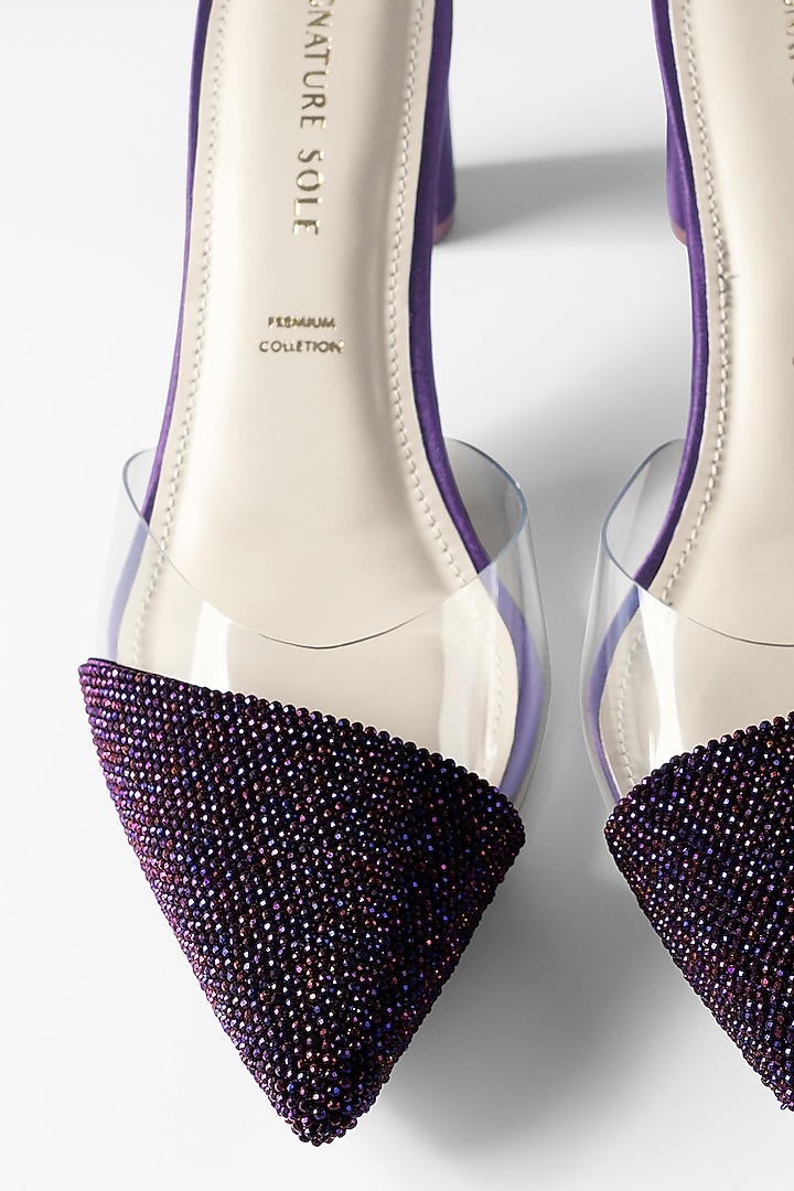 Purple Satin Crystal Shimmer Heels by Signature Sole at Pernia's