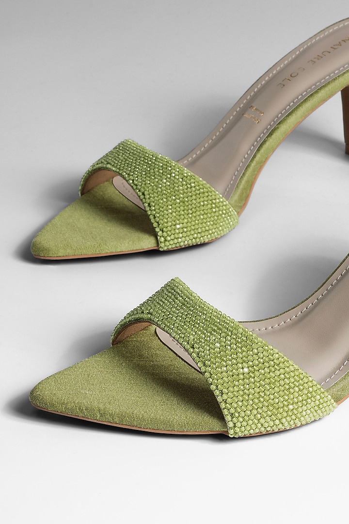 Pastel Green Vegan Leather Beaded Strap Heels by Signature Sole at Pernia's Pop Up Shop
