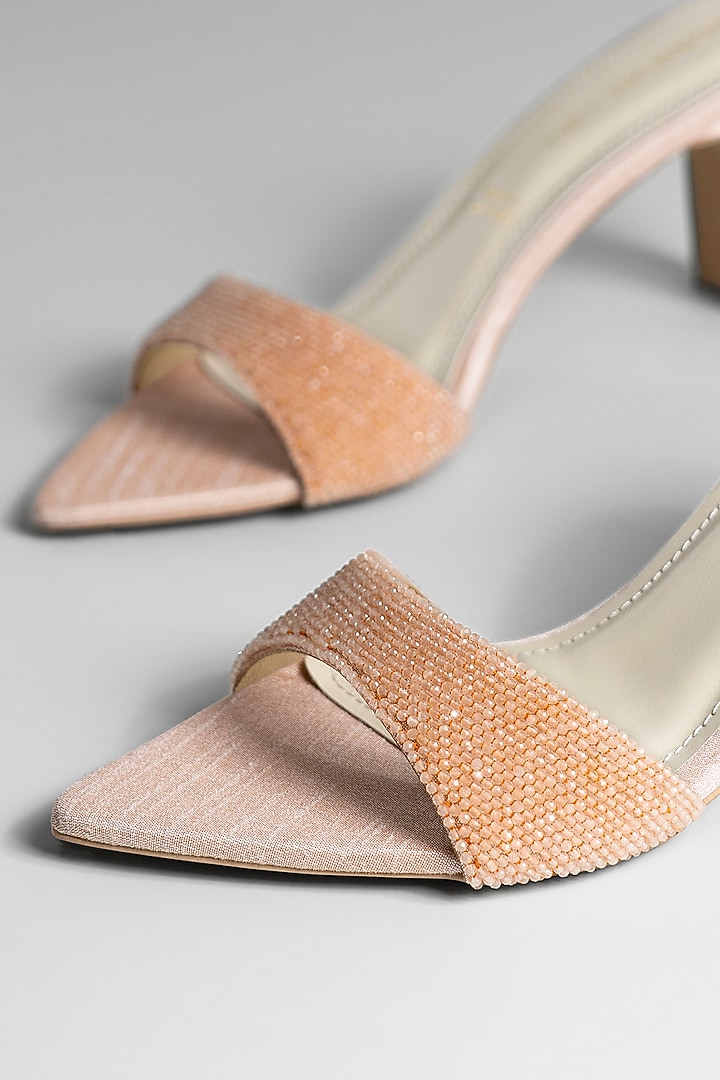 Peach Vegan Leather Crystal Heels by Signature Sole at Pernia's Pop Up Shop