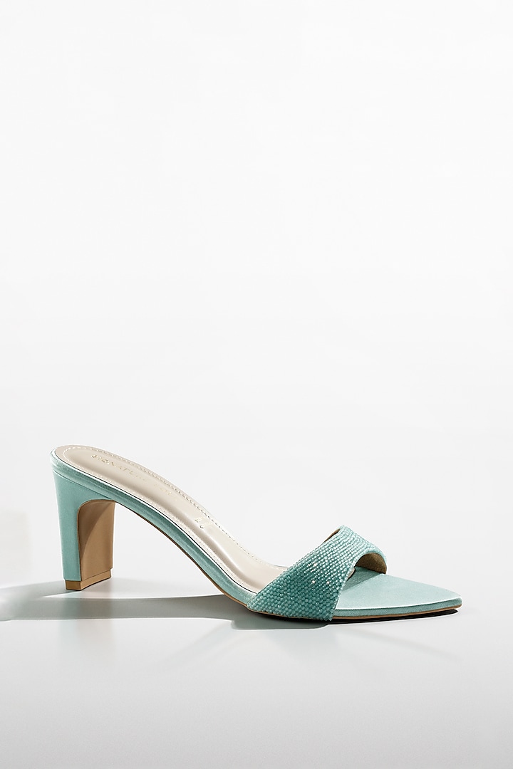 Mint Blue Vegan Leather Crystal Embellished Heels by Signature Sole at Pernia's Pop Up Shop
