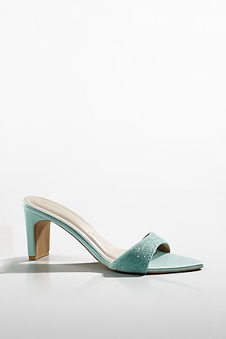 Mint Blue Vegan Leather Crystal Embellished Heels by Signature Sole