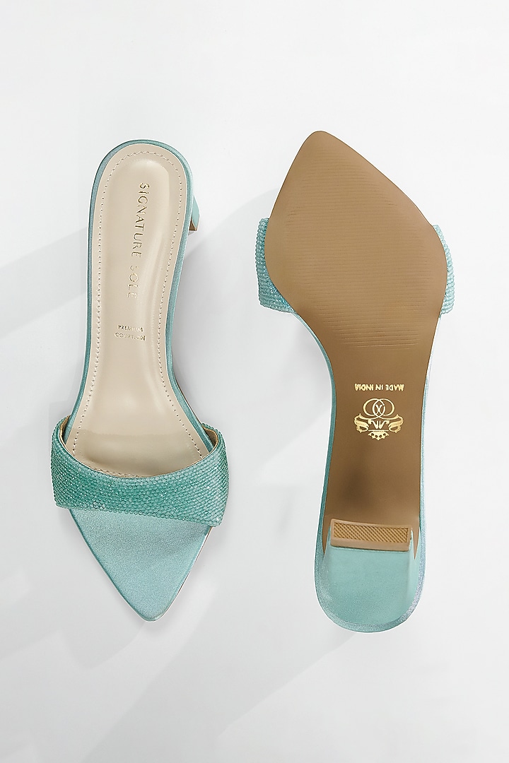 Mint Blue Vegan Leather Crystal Embellished Heels by Signature Sole at Pernia's Pop Up Shop