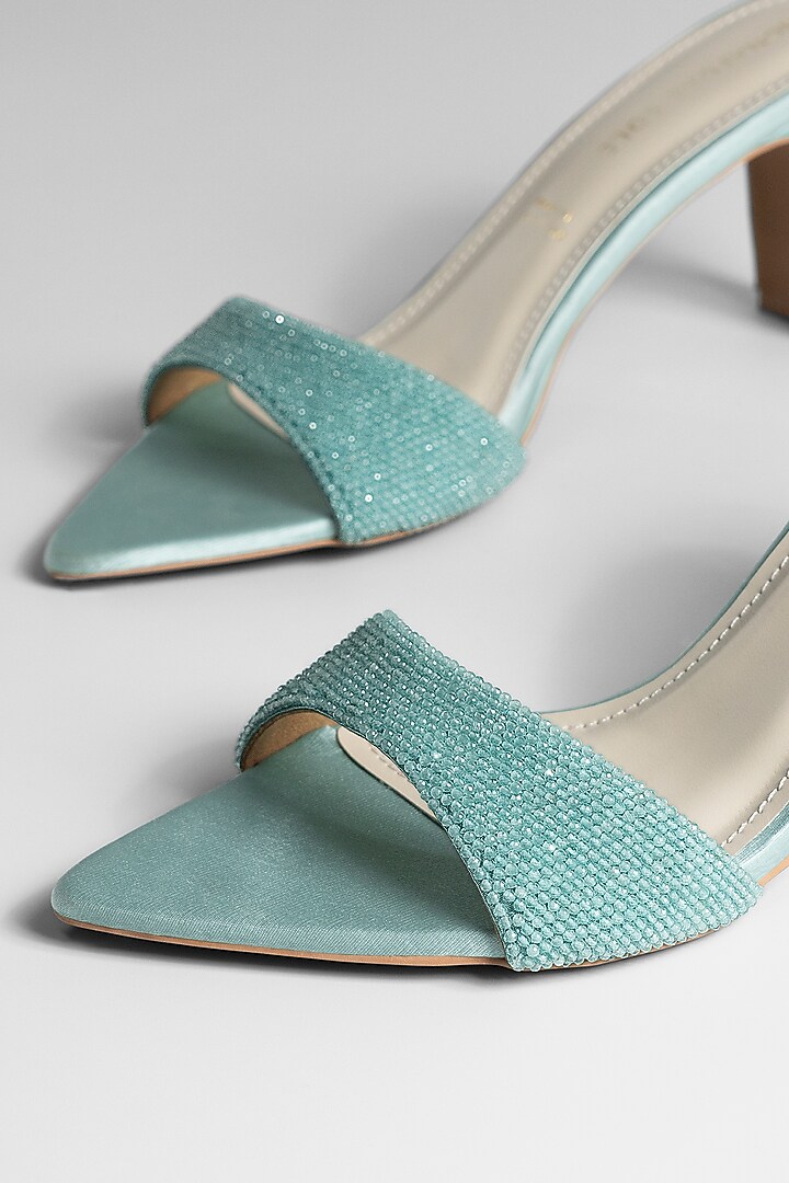 Mint Blue Vegan Leather Crystal Embellished Heels by Signature Sole at Pernia's Pop Up Shop