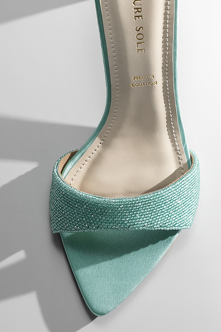 Mint Blue Vegan Leather Crystal Embellished Heels by Signature Sole at Pernia's Pop Up Shop