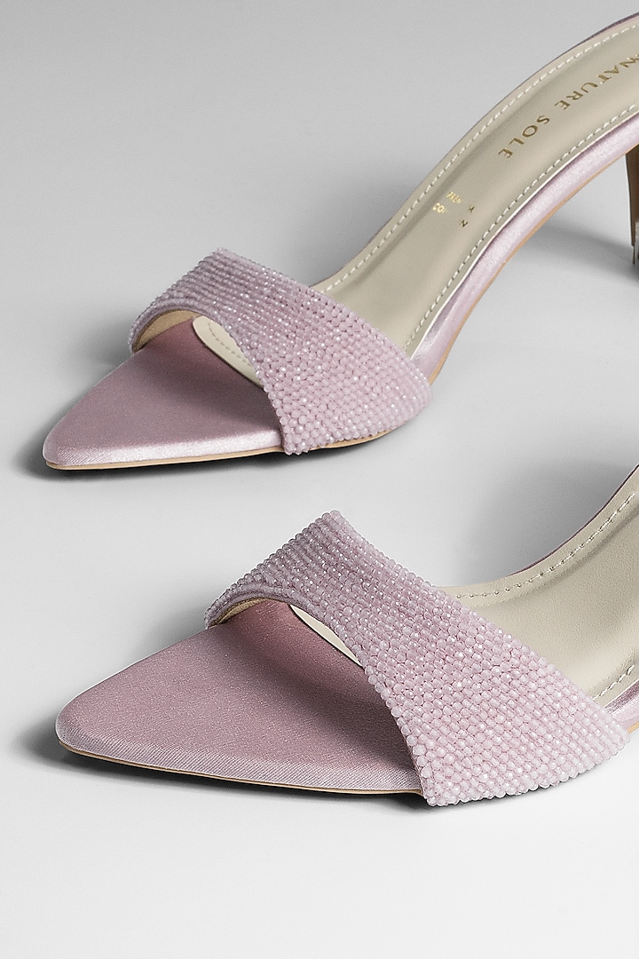 Blush Pink Satin Crystal Embellished Heels by Signature Sole at Pernia's Pop Up Shop