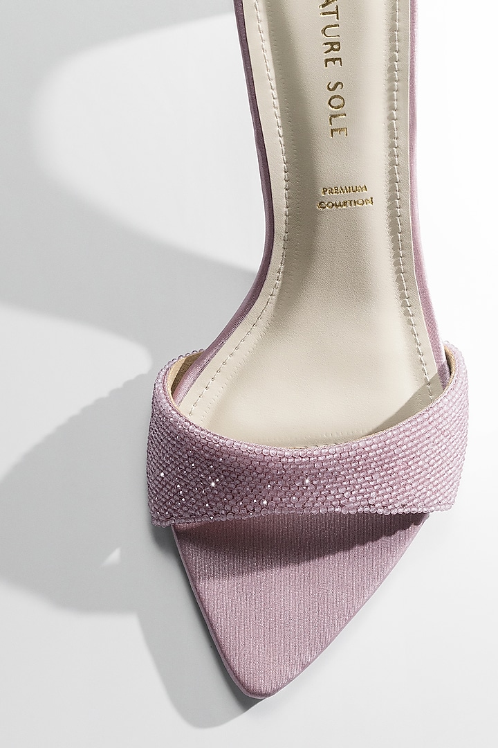Blush Pink Satin Crystal Embellished Heels by Signature Sole at Pernia's Pop Up Shop