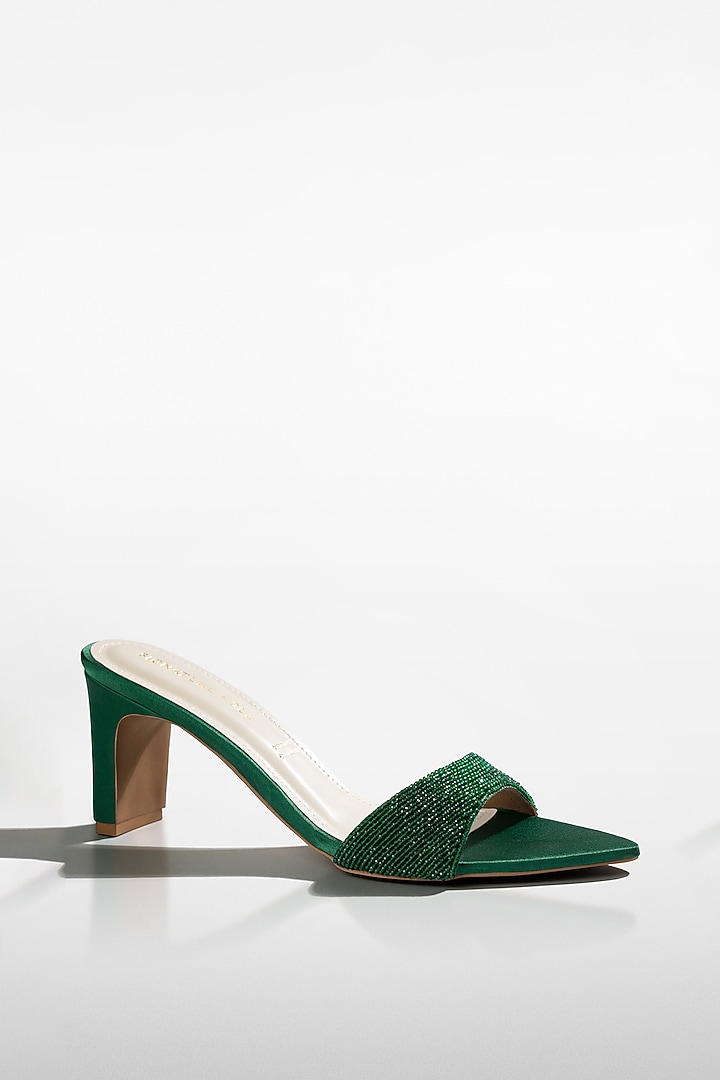Emerald Satin Crystal Strap Heels by Signature Sole at Pernia's Pop Up Shop