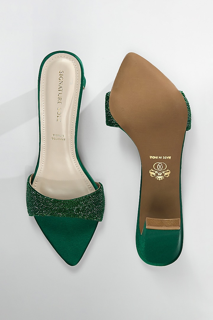 Emerald Satin Crystal Strap Heels by Signature Sole at Pernia's Pop Up Shop