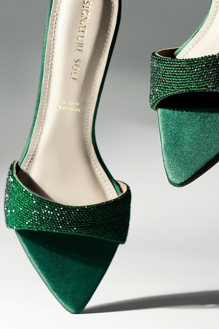 Emerald Satin Crystal Strap Heels by Signature Sole at Pernia's Pop Up Shop