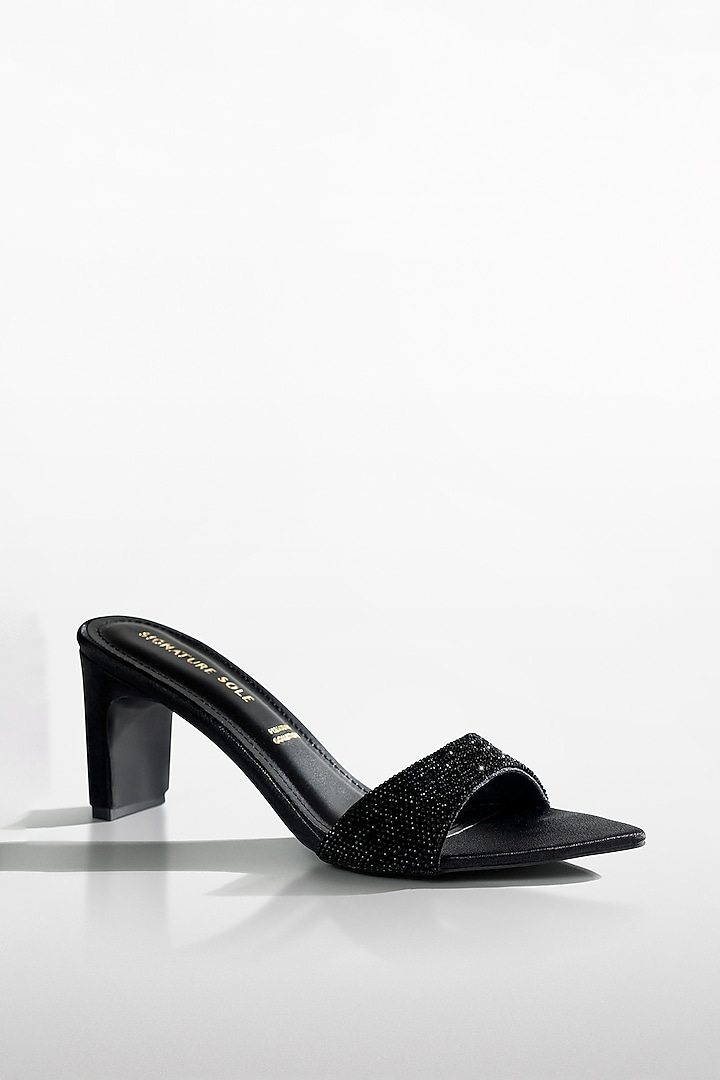 Black Vegan Leather Crystal Heels by Signature Sole at Pernia's Pop Up Shop