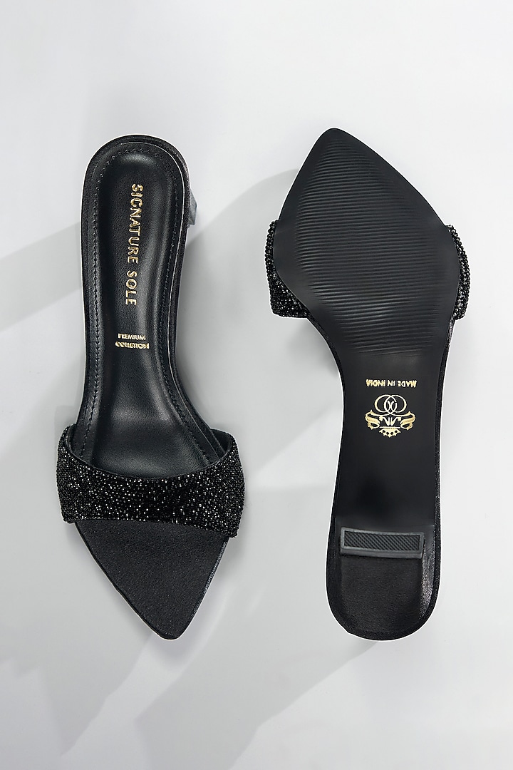 Black Vegan Leather Crystal Heels by Signature Sole at Pernia's Pop Up Shop